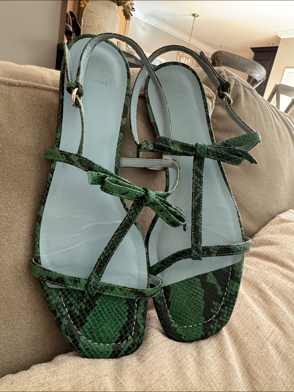 Frances Valentine t strap flat green snakeskin leather sandals Palm Beach